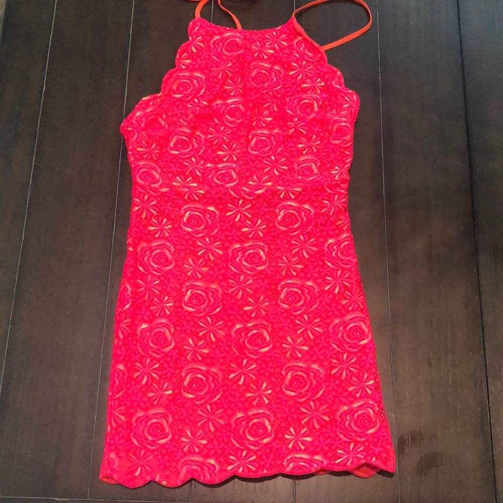 Coral halter criss cross lace dress Small
